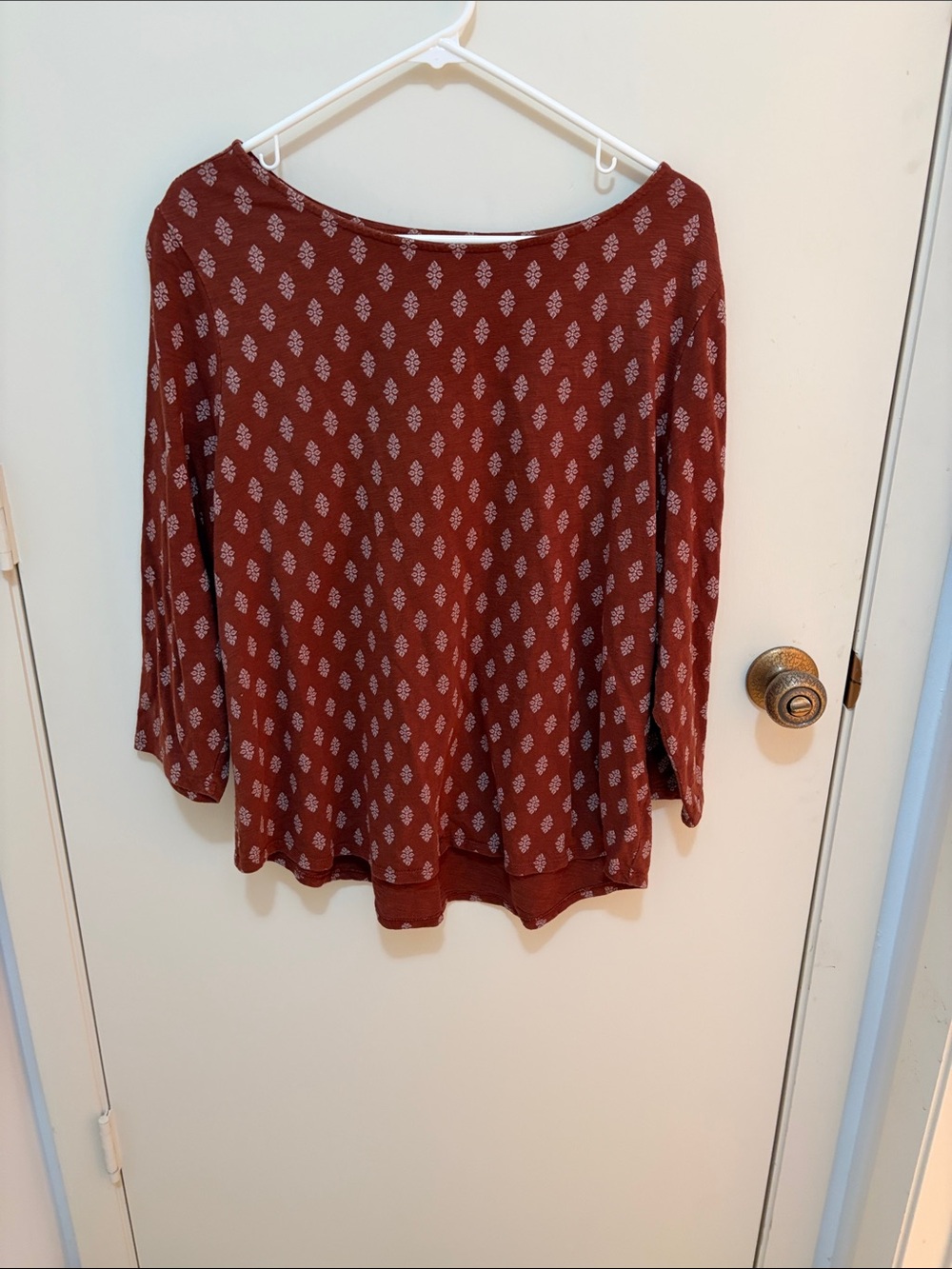 Chico's Rust Red Printed Long-Sleeve Boatneck Top